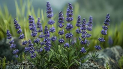 Fototapeta premium A close-up of vibrant purple blooms surrounding a rocky and verdant landscape, framed by towering trees in the background