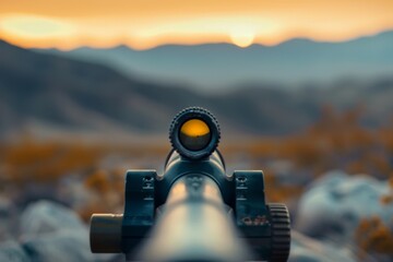 Close-up of a rifle scope with a mountain in the background, focusing on distant target, A scope zoomed in on a distant target