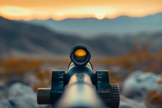 Close-up of a rifle scope with a mountain in the background, focusing on distant target, A scope zoomed in on a distant target