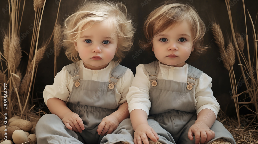 Wall mural two adorable twin babies in overalls