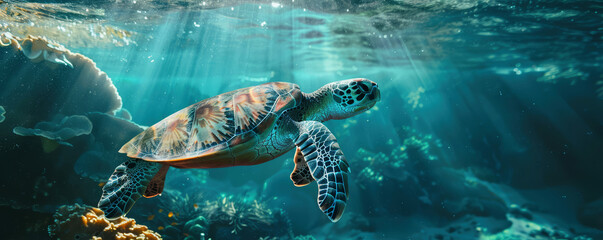 Sea Turtle swimming underwater under sea life