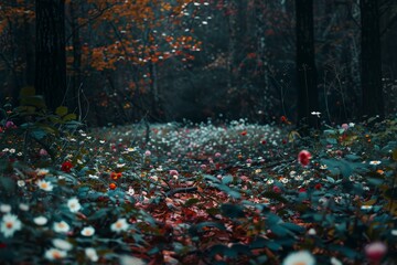 Obraz premium A dense forest clearing abundant with colorful wildflowers, towering trees, and vibrant foliage, A secluded clearing filled with wildflowers and fallen leaves