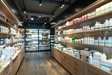 Fototapeta premium A store displaying numerous shelves packed with various bottles of products, creating a busy and organized environment, A section dedicated to health and wellness products