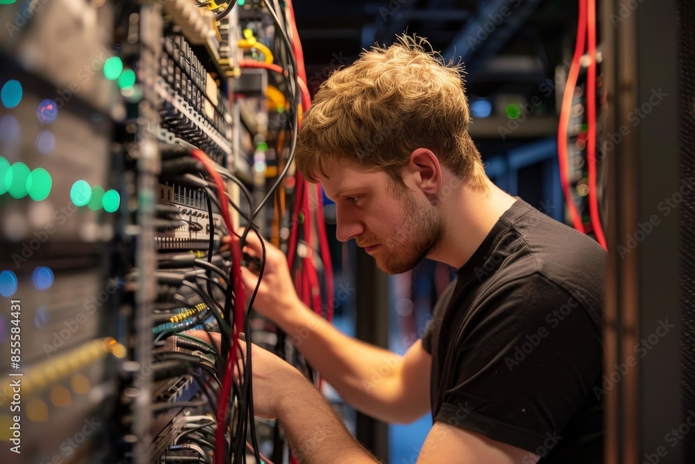 Poster A security architect focuses on configuring a server in a server room, A security architect designing a secure network infrastructure