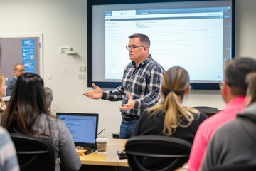 A man stands in front of a group of employees, giving a presentation on security awareness training, A security awareness trainer educating employees on cybersecurity best practices