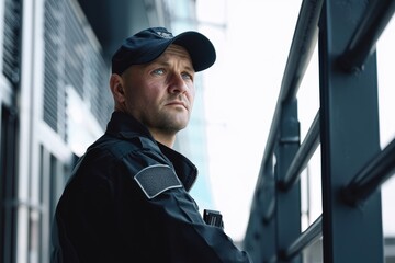 Fototapeta premium A police officer in uniform leans on a railing while surveying the area, A security officer standing at their post, surveying the area with a watchful gaze