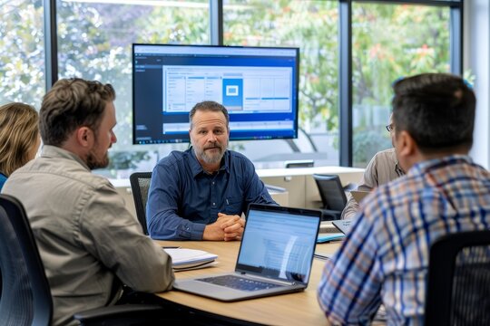 Employees engaged in a training session with their laptops at a conference table, A security awareness trainer educating employees on cybersecurity best practices