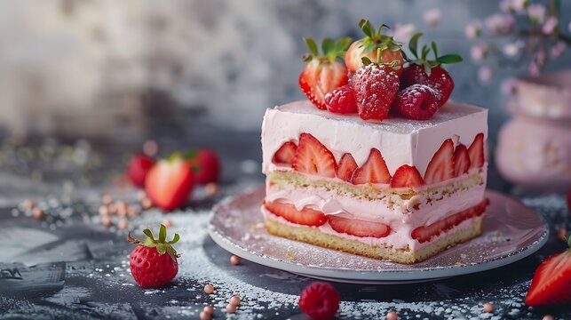 Strawberry cake fraisier cake on cncrete background