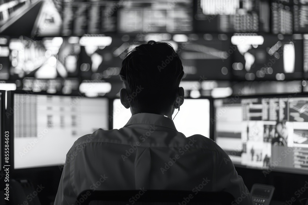 Poster a man sitting in front of various computer monitors, monitoring security operations center activitie
