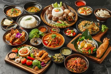 A variety of different types of food from around the world displayed on a table, A selection of international cuisine options