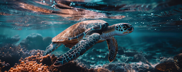 Sea Turtle swimming underwater under sea life