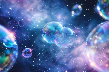 A surreal and dreamy image of iridescent bubbles floating gracefully in outer space, surrounded by twinkling stars, creating a magical and enchanting scene