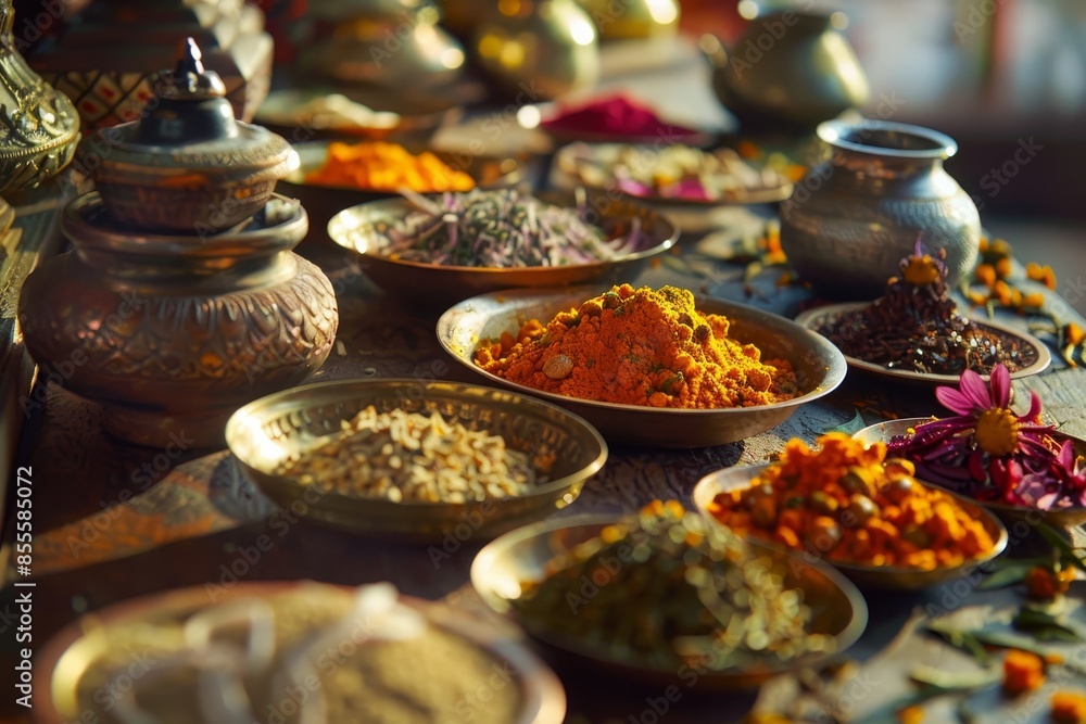 Poster a table showcasing an array of bowls filled with different spices, creating a sensory feast of aroma