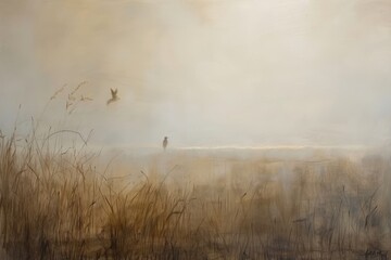 Obraz premium A bird gracefully flying over a vibrant field, capturing a moment of nature in motion, A sense of stillness and anticipation hanging in the air