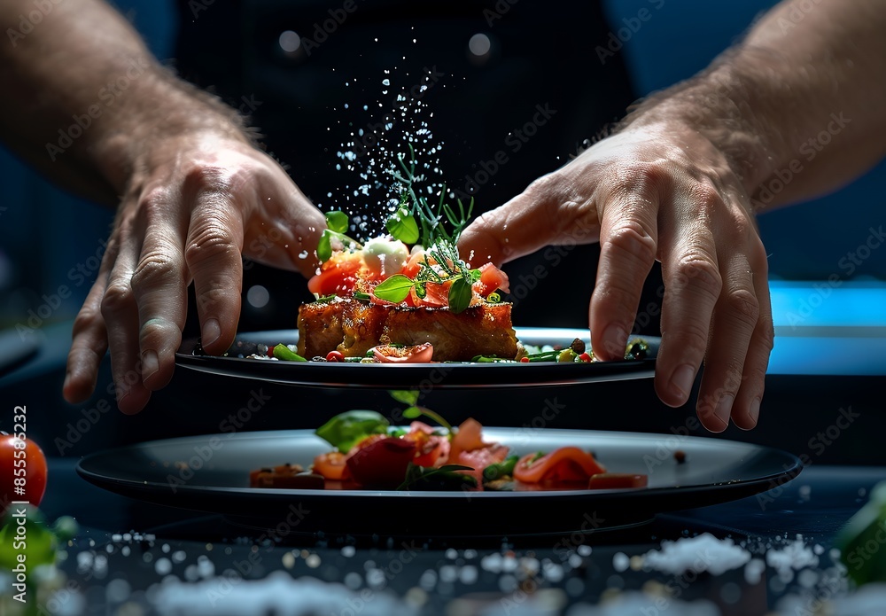 Sticker g printed chef hands reaching for a plate with a delicious dish, in a low angle shot of a dark resta - Stickers