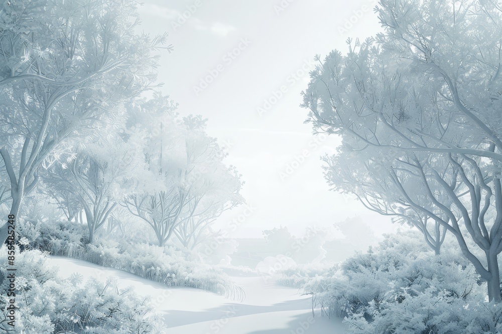 Poster a path winding through a dense forest with trees on either side, a serene, almost celestial white la