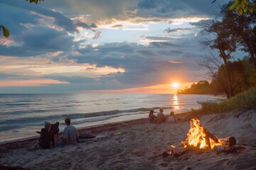 People enjoying campfire on beach at sunset, A serene beach at sunset, where a family gathers around a bonfire to roast marshmallows and share stories