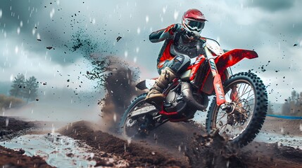 Extreme motocross Rider riding. motocross race bike in action on dirt track. by ai generative