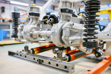 A detailed photograph depicting the process of assembling a car engine in a manufacturing plant