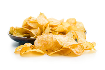 Close Up of Crispy Potato Chips isolated on White Background