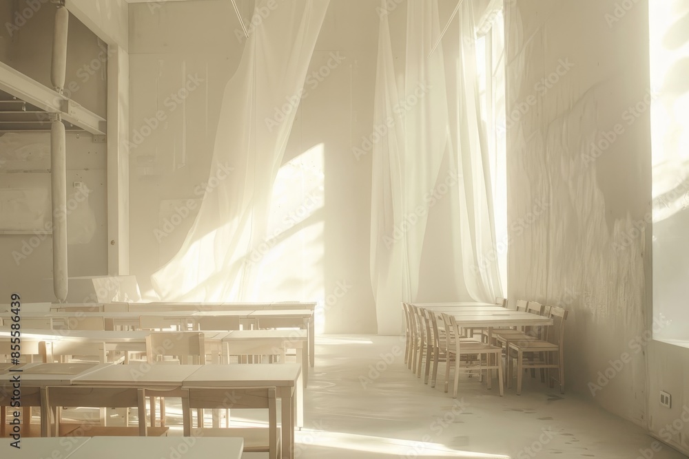 Aufkleber a room filled with numerous tables and chairs, ready for students to sit and learn in a serene atmos
