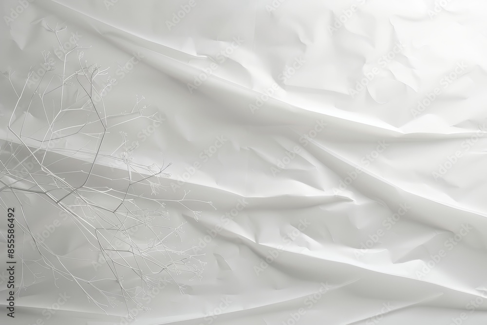 Poster a detailed view of a white sheet with a tree branch resting on it, a serene composition featuring de
