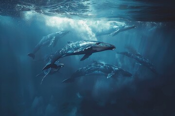 Fototapeta premium A pod of humpback whales gracefully swimming together in the ocean, A serene depiction of a pod of whales gracefully swimming in the ocean