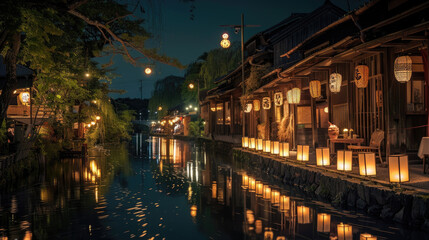 Lantern-lit River Festival at Night. Traditional Cultural Event