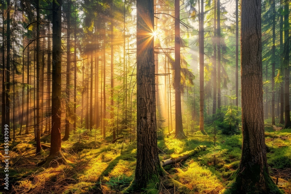 Poster sunlight filters through dense tree canopy in forest setting, a serene forest with sunlight streamin