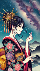 Fototapeta premium 日本画（Japanese painting）／美人画 美女 着物 anime イラスト 天の川 七夕