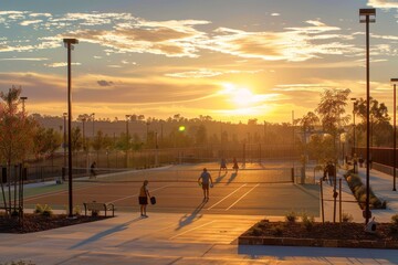 Tennis players engaged in a lively match on a tennis court at sunset, A serene image of players enjoying a friendly game of pickleball at sunset