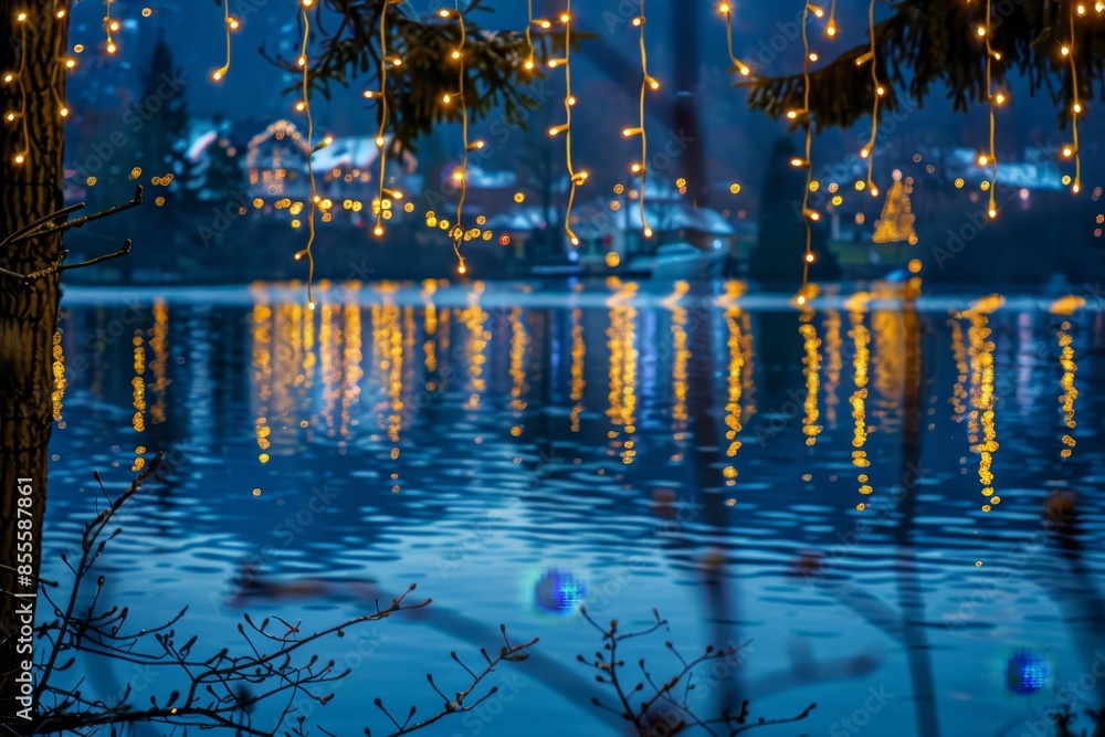 Poster a lake illuminated by numerous lights next to a dense forest, creating a mesmerizing scene of reflec