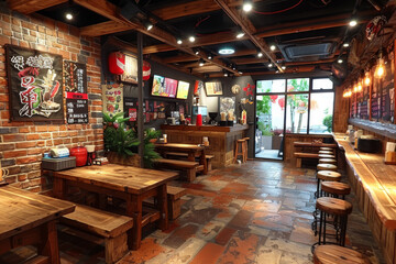 Fototapeta premium Modern Restaurant with Wooden Ceiling