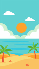 Cartoon beach with palm trees and sun rising over ocean