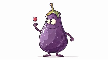 A cartoon illustration of an eggplant character holding a thumbtack set against a white background stands out in playful isolation