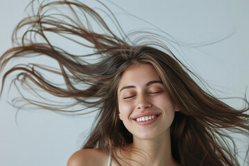 Fototapeta premium beauty shoot of a female brunette model whose long, beautiful hair blows in the wind