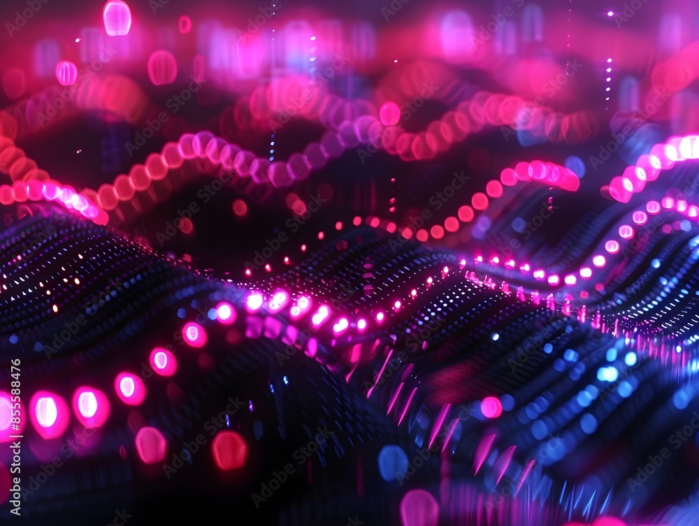 Poster captivating digital waveforms enveloped in vibrant neon cyber backdrop with high tech aesthetic