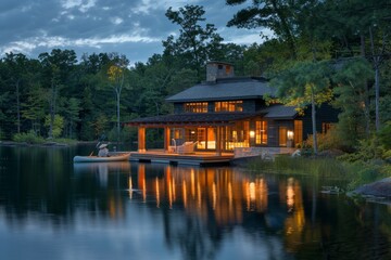 Obraz premium A house sits atop a lake next to a dense forest, creating a picturesque scene of nature, A serene lakeside retreat with paddle boats and serene views