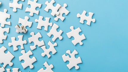 Naklejka premium White puzzle pieces comes together on blue background
