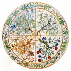 Watercolor painting of a mandala representing the four seasons, with each quadrant adorned with symbols and imagery, on isolated white background, Generative AI