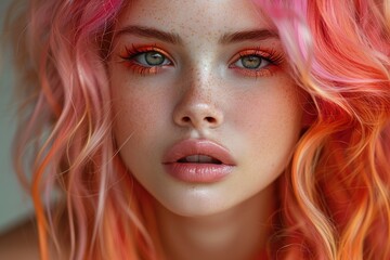 Fototapeta premium Beautiful young girl with multi-colored hair. Portrait of a girl with freckles