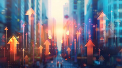 Fototapeta premium illustration of transparent arrows facing upwards with a blurred urban background