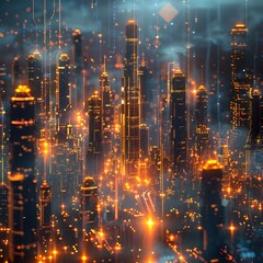 Fototapeta premium Futuristic Glowing Digital City Grid with Holographic Architectural Designs and Abstract Cyber Concept