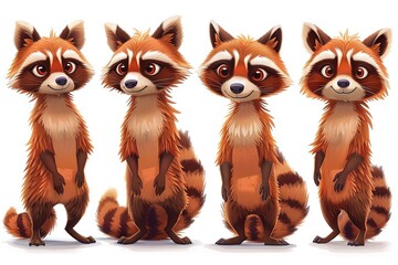 Set of 4 raccoon portraits with different emotions. White background. funny racun face expression