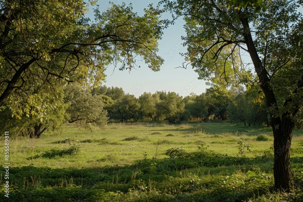 Poster a grassy field with trees in the background under a clear sky, a serene landscape with a walnut orch