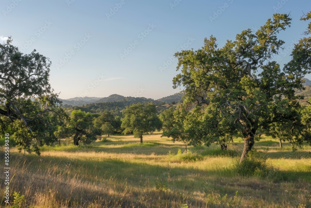 Poster grassy field with trees and distant mountains in background under a blue sky, a serene landscape wit