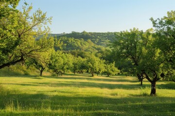 A grassy field with trees and a hill in the background under a clear sky, A serene landscape with a walnut orchard in the background