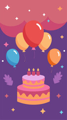 A birthday cake decorated with balloons against a purple background