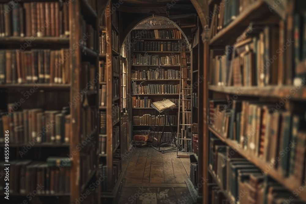 Aufkleber long row of bookshelves filled with lots of books, creating a serene atmosphere in a library, a sere