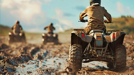 A group of people are having fun riding ATVs through a muddy field under the sky filled with clouds